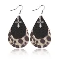 Multi-layer leopard print teardrop leather earrings with silver metal cross charms - Leopard Cross Waterdrop Style (10007)