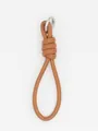 Detailed close-up of a brown PU leather knotted lanyard keychain with silver ring - Brown