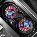Close-up of patriotic bald eagle car coasters with American flag design in a car cup holder. - Bald Eagle Flag (80094) / Two-Piece Set