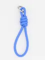 Close-up showing the knotted detail of a blue PU leather braided wrist strap keychain - Blue