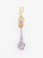 Vertical view of a lavender hand-woven ball bag charm with a wood bead and gold metal clasp. - Lavender (22601)