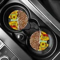 Detailed view of Western style acrylic car coasters featuring leopard print and sunflowers - Sunflower Leopard Striped (80098) / Two-Piece Set