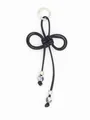 Detailed view of a hand-woven black PU rope keychain with butterfly knot and marbled beads - Black