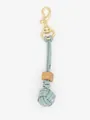 Detail view of a handcrafted blue braided rope keychain with a wooden bead and monkey's fist knot - Blue Gray (22604)