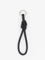 Minimalist black PU leather knotted keychain with a round silver metallic ring clasp - Black