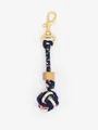 Detailed macro view of a handmade braided floral PU leather ball charm with wooden bead - Dark Blue Floral (22603)