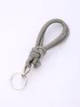 Detail view of handmade grey PU leather woven lanyard with silver metal ring - Gray (20838)