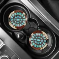 Western turquoise and cowhide style acrylic car coasters in cup holder - Turquoise Western (80102) / Two-Piece Set