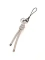 Detailed close-up of grey handmade braided leather cord keychain charm with silver metal rings - Grey (21564)