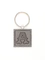 Detailed macro view of silver square zinc alloy keychain with embossed leather letter A - Letter A Style (20716)
