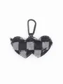 Macro detail of double heart checkered denim keychain with black metal carabiner - Black and White Checkered Raw Hem Denim