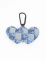 Detailed view of heart-shaped denim keychain featuring checkered pattern and frayed edges - Blue and White Checkered Raw Hem Denim