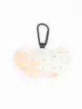 Detailed view of heart-shaped denim bag charm with silver sequins and black clip - Light Orange and White Sequin Checkered Denim