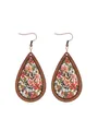 Detailed close-up view of bohemian teardrop wooden earrings with vintage floral print - Red And Pink Floral (12199)