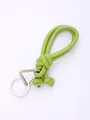 Close-up of green handmade braided PU leather lanyard with silver metal ring - Avocado Green (20844)