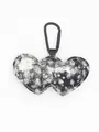Detail of double heart denim keychain with sequins and black carabiner hook. - Black and White Sequin Denim