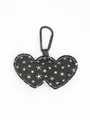 Detail of black denim double heart keychain with gold star sequins and carabiner - Black Star Sequin Denim