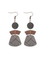 Detail of bohemian geometric cork earrings featuring multi-layered wood and striped patterns. - Black and White Pinstripe Style (12112)