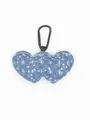 Detailed close-up view of a denim double heart keychain with silver sequins and black clip - Blue Sequin Beaded Denim
