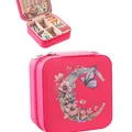 Portable pink jewelry box with floral letter C print, featuring ring slots and necklace hooks - Hot Pink Letter C Floral Butterfly