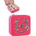 Compact pink portable jewelry box with floral butterfly letter O design and zipper closure - Pink Letter O Floral Butterfly