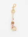 Handmade floral fabric woven ball bag charm with wooden bead and gold metal clasp - Floral Beige (22597)