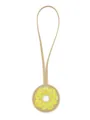 Close-up detail of a sweet cartoon donut bag charm made of PU leather with a long strap. - Yellow