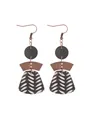 Detailed view of bohemian multi-layer cork earrings with geometric wood accents - Black and White Herringbone Style (12117)