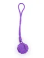 Detail view of a handmade purple polyester monkey fist knot keychain with woven rope loop - Purple Spotted (21993)