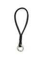 Detail of handmade black braided phone lanyard wristband with silver metal ring clasp. - Black