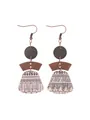 Detailed view of bohemian multi-layered geometric earrings with printed cork texture - Tribal Zigzag Style (12119)