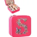 Portable pink jewelry travel organizer featuring floral letter S design and zipper closure - Hot Pink Letter S Floral Butterfly