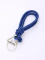 Handmade blue PU leather braided strap keychain with metal ring and triangular carabiner - Blue (20831)