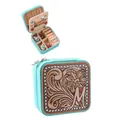 Western style retro turquoise jewelry box featuring floral embossing and initial M - Small Zipper Style / 9.5x9.5x5cm / Teal Blue Pattern Letter M