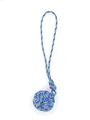 Detail view of a handcrafted blue and yellow woven polyester monkey fist knot charm - Blue Green White Mixed (21998)