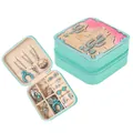 Vintage Western style turquoise PU leather jewelry box with embossed cactus desert design - Small Zipper Style / 9.5x9.5x5cm / Mint Green Desert Sunset