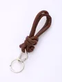 Brown handmade woven PU leather keychain lanyard with silver carabiner - Dark Brown (20832)