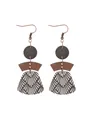 Detailed view of bohemian layered earrings featuring geometric cork and wood pendants. - Black and White Radial Texture Style (12123)