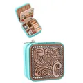 Vintage Western style turquoise jewelry box with embossed floral pattern and letter C - Small Zipper Style / 9.5x9.5x5cm / Teal Pattern Letter C