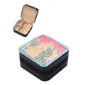 Vintage western style jewelry box with cactus desert embossed pattern in black leather - Small Zipper Style / 9.5x9.5x5cm / Black Desert Cactus