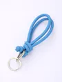 Blue braided PU leather lanyard with silver keyring, handmade knot design bag charm - Medium Blue (20834)