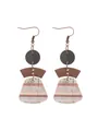 Detailed view of bohemian geometric earrings with multi-layered wood and cork texture - Rainbow Horizontal Stripe Style (12125)