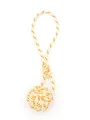 Detailed view of handmade polyester rope monkey's fist knot with yellow-orange patterns - White Yellow Red Striped (22003)