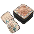 Retro Western style embossed PU leather jewelry box with turquoise mosaic border detail - 16x11x5cm / Black Embossed (Turquoise Edge)