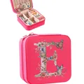Portable hot pink faux leather jewelry box with floral letter E design and secure zipper closure - Letter E Floral Butterfly Style / 9.5cm x 9.5cm x 5cm / Rose Red