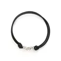 Black handmade braided wax cord bracelet featuring three silver-tone floral pattern beads - Black Cord Floral Bead (30241)