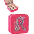Portable pink jewelry box with letter R and floral design for ring earring storage - Letter R Floral Butterfly Style / 9.5cm x 9.5cm x 5cm / Rose Red
