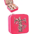Compact pink portable jewelry box featuring a decorative floral 'T' monogram and zipper - Letter T Floral Butterfly Style / 9.5cm x 9.5cm x 5cm / Rose Red