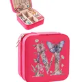 Pink portable jewelry box organizer featuring a floral letter M print and zipper closure - Letter M Floral Butterfly Style / 9.5cm x 9.5cm x 5cm / Rose Red