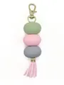 Macaron colored beaded keychain with soft pink tassel and gold-tone lobster clasp - Macaron Color Three Beads Tassel Style (21733)